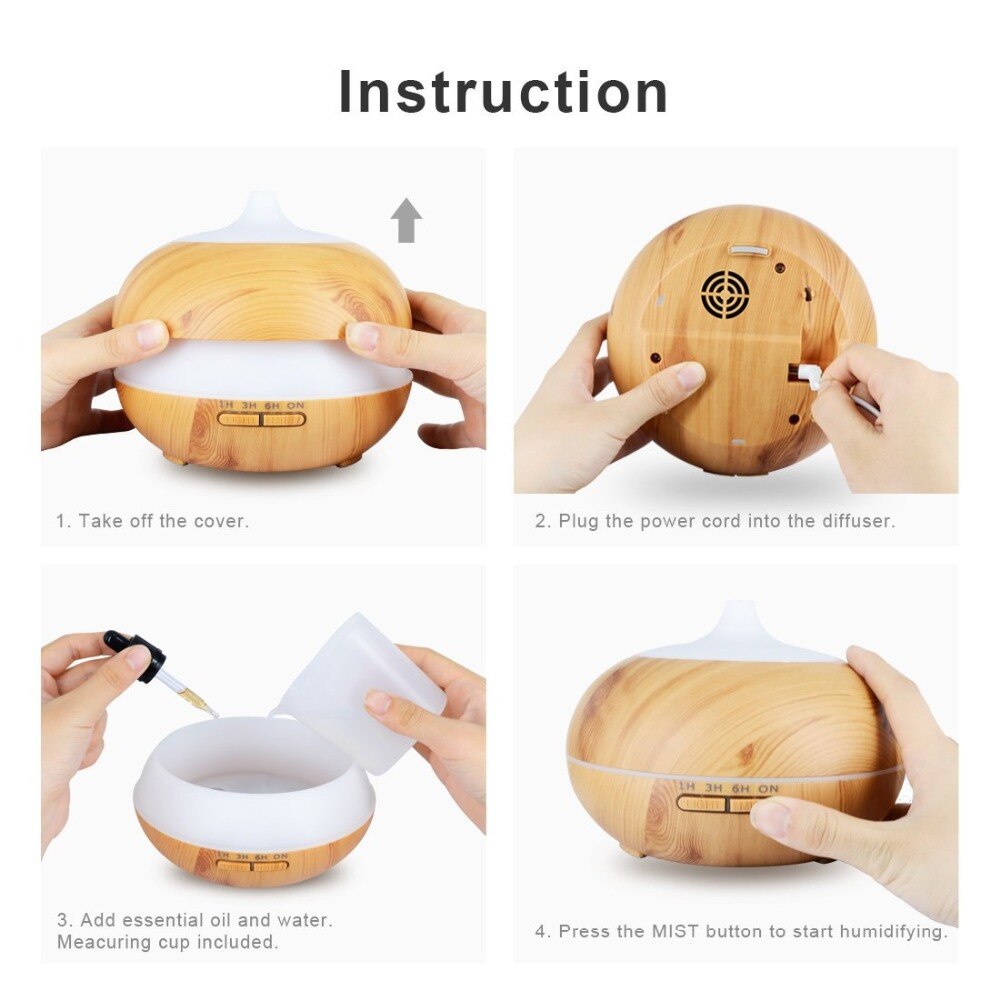 500 Ml Aroma Essentiële Olie Diffuser Ultrasone Luchtbevochtiger Met Houtnerf Elektrische Led Verlichting Aroma Diffuser Voor Home Spa