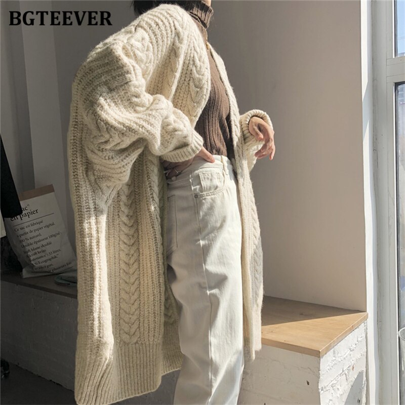 Bgteever vintage løs kvindelig lang sweater cardigans tykke varme kvinder snoet strikket cardigan efterår vinterfrakke