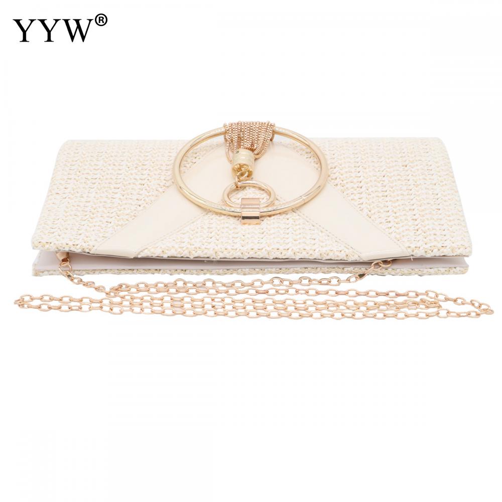 Stro Zinklegering Kwasten Handtas Voor Vrouwen Bruiloft Clutch Bags Met Ketting Cirkelvormige Ring Bolsa Feminina Purse Avond