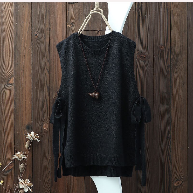 Stil litterær rundhalset ensfarvet strikket vest damevest med bred løs pullover vest med slidser: Sort