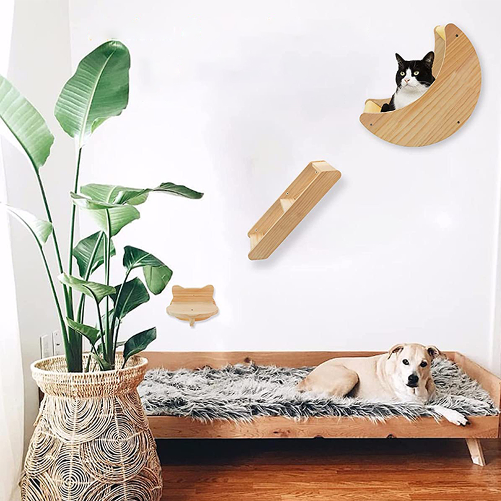 Estante para gatos, hamaca de pared, estantes de escalada en forma de luna y perchas, escalera, escalones de madera maciza para actividades, muebles de pared para gatos de interior