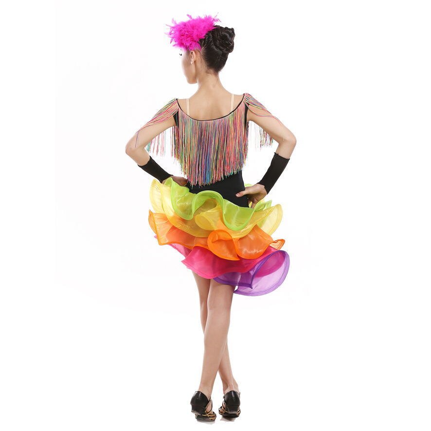 Vestido de baile latino con flecos para niñas, traje de baile latino con flecos de salsa, spandex, rumba, tango, salón de baile,