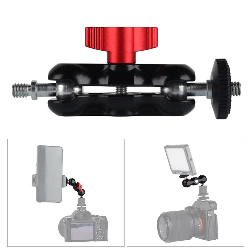 Multifunctional Ball Head Mount Mini Dual Ball Head Clamp with 1/4 Screw for DSLR Camera Monitor LED Light Flashlight