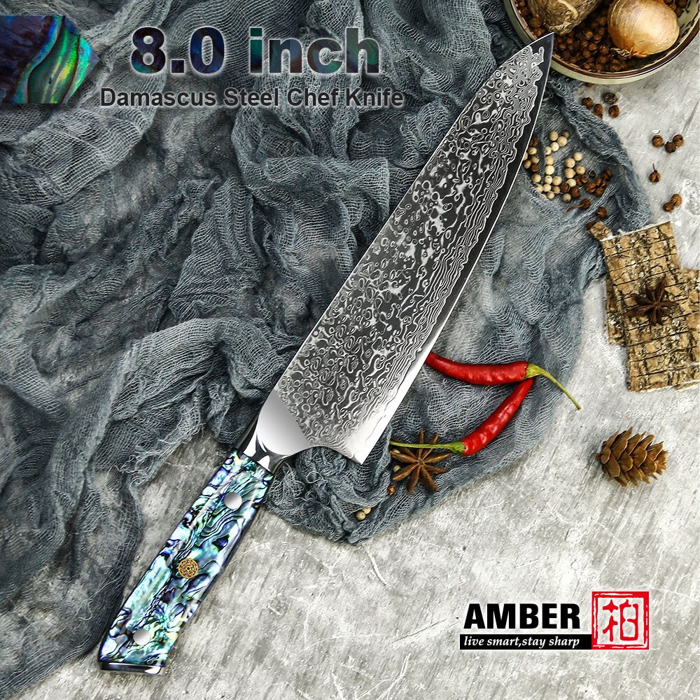 Amber Damascus Mes Professionele Keuken Chef Utility Santoku Steak Uitbenen Cleaver Messen Japanse Mes Abalone Shell Handvat: Chef