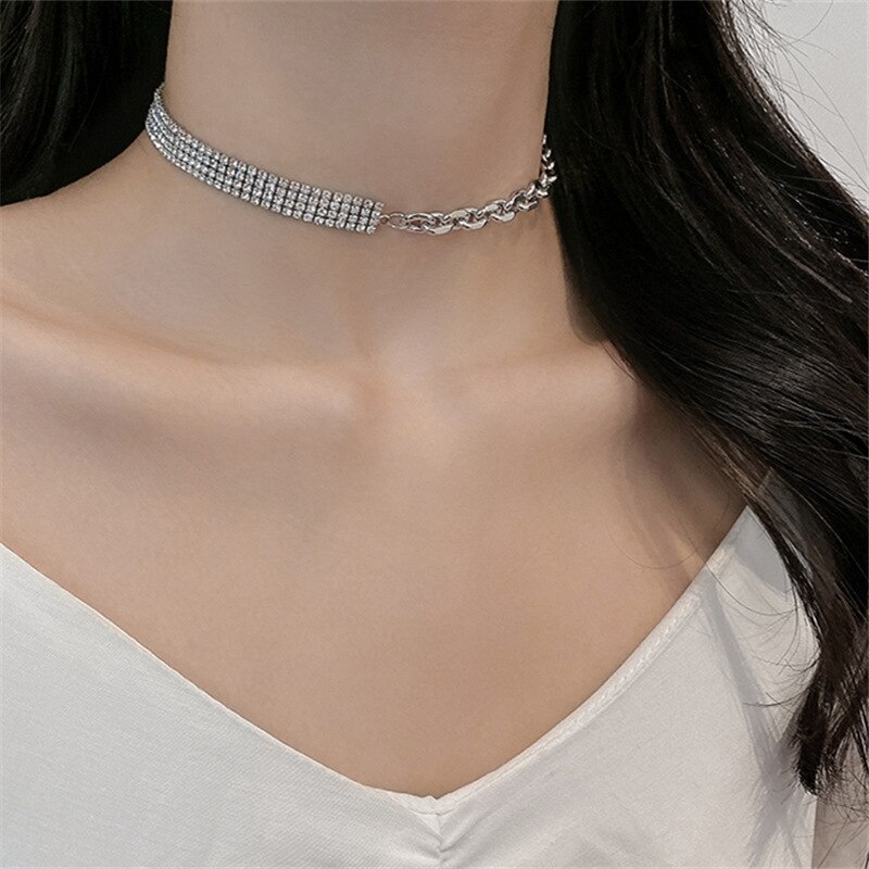Aomu titânio aço grosso corrente brilha strass metal prata cor colar clavícula corrente coreia gargantilha colar para mulher