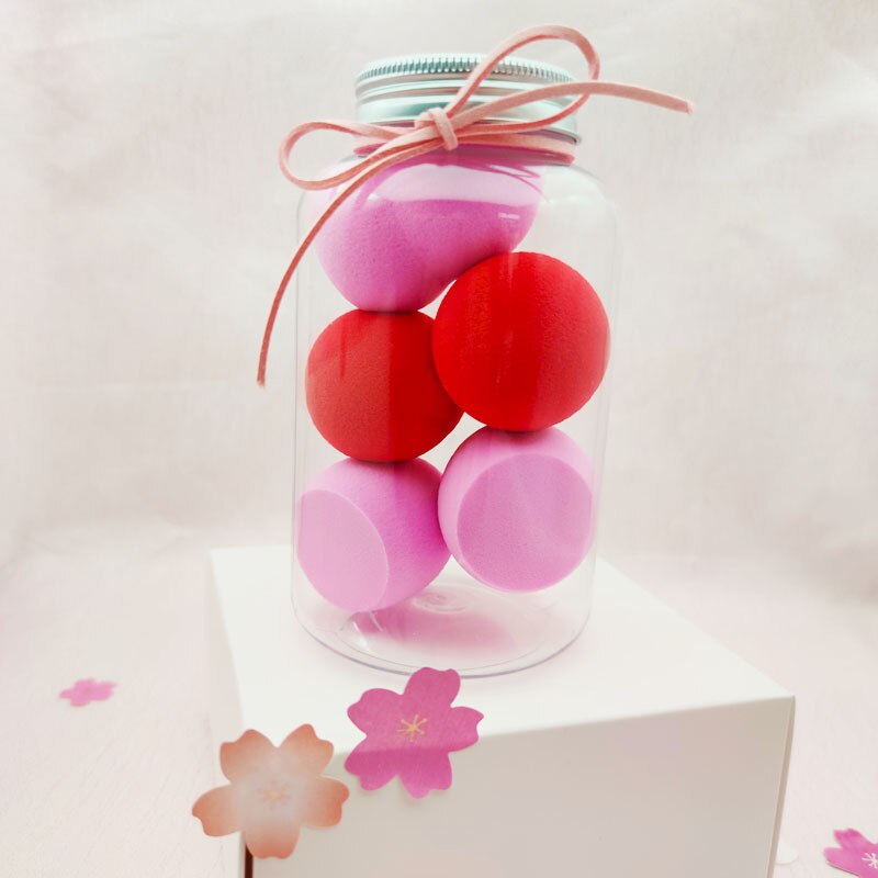5pcs/jar beauty sponge cosmetic makeup sponges foundation puff red velvet make up 2 drops water 2 oblique cuts 1 gourd shape: Carmine