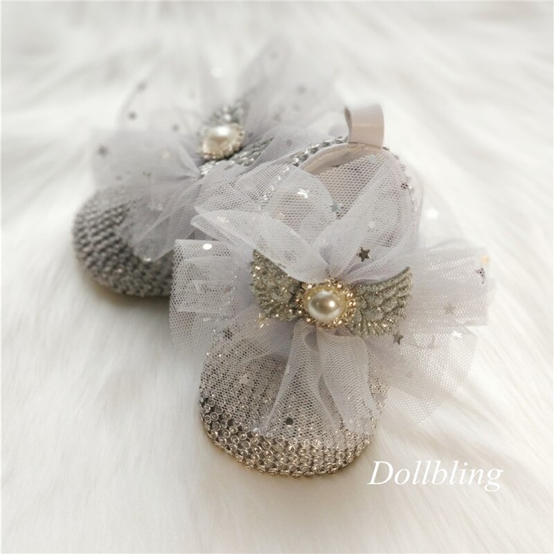 Original bebé hecho a mano azul estrellas gasa perla alas cristal zapatos princesa cumpleaños banquete Luna Llena foto de 100 días