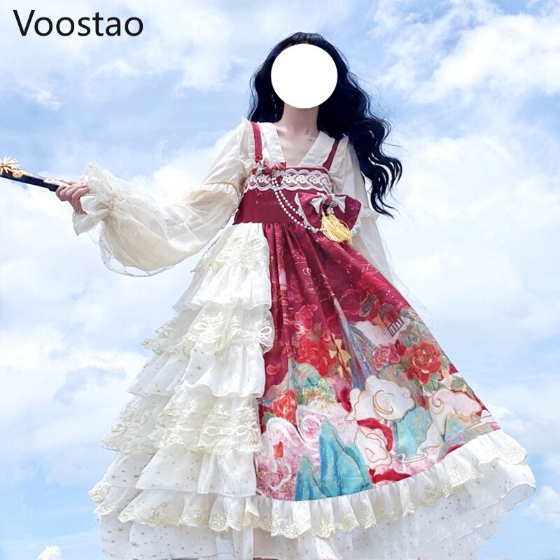 Robe Lolita JSK en dentelle pour filles, tenue de princesse sans manches, Vintage, Chic, imprimé, nœud, mignon