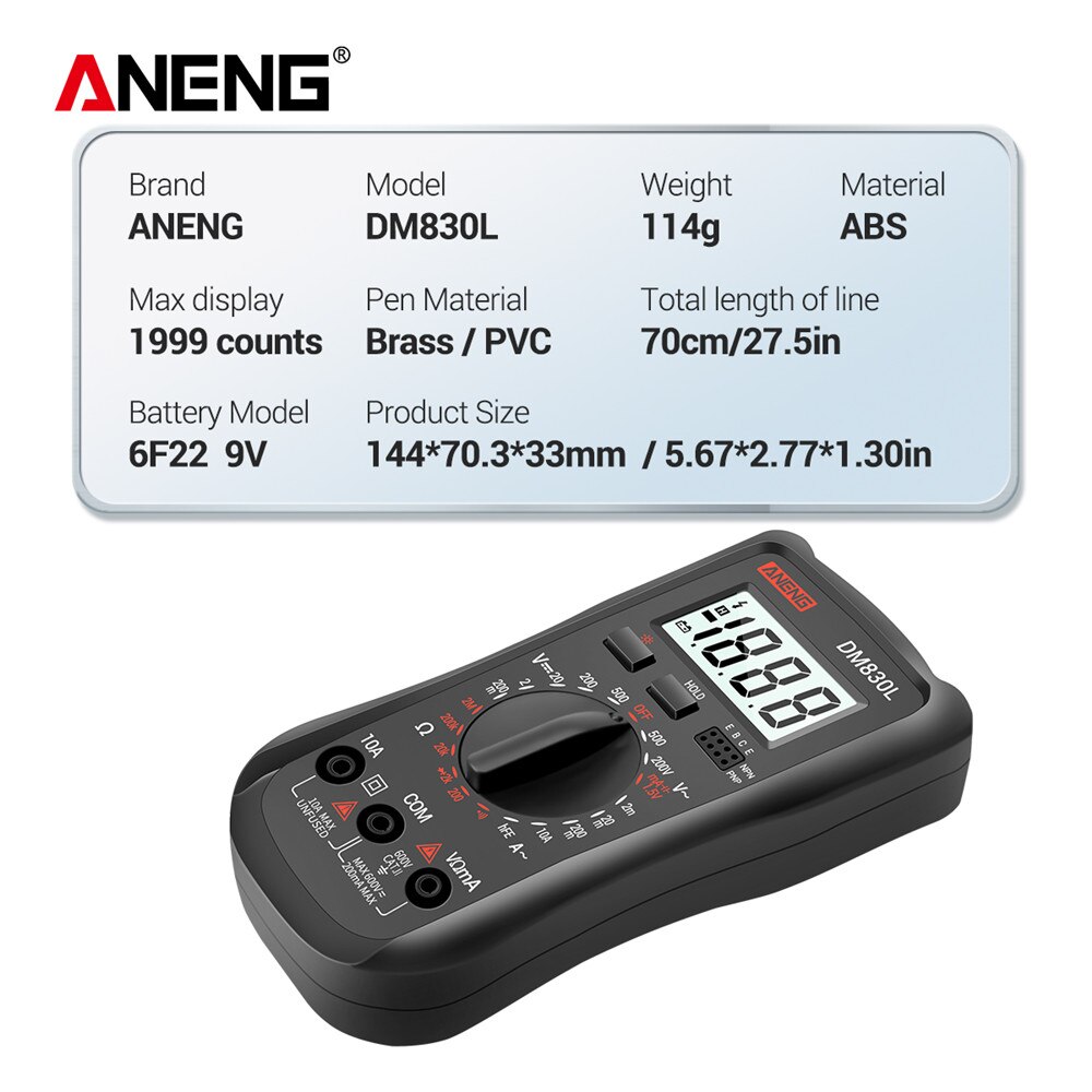 ANENG DM830L Digital Multimeter Meter Testers 1999 Count Electrical Transistor Capacitance DC/AC Multimetro With LCD Backlight