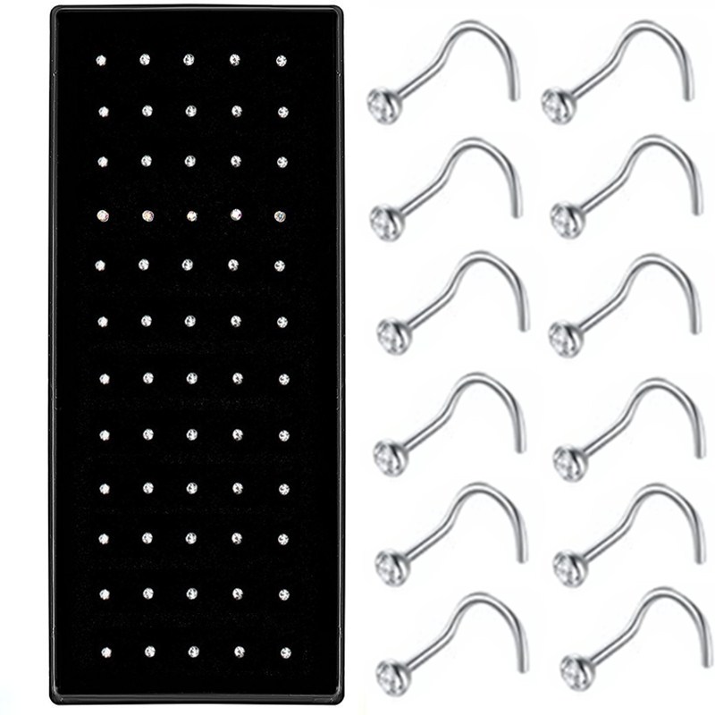 Pack de clous de nez en acier inoxydable, 40/60 pièces, cerceau de perçage de nez en cristal en vrac, ensemble d'anneaux de nez en forme de L, Piercing courbé, bijoux pour le corps: Black / PLAQUÉ ARGENT