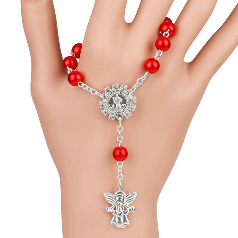 1 Uds imitación perlas católica Rosario Católico comunión alas de Ángel colgantes del Crucifijo pulsera lindo