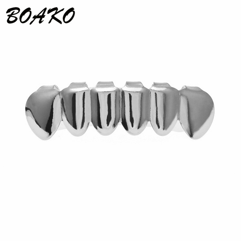 BOAKO Gold Bump enrejado dientes Grillz Hip Hop parrillas de parte superior e inferior de los hombres Dental boca Punk diente tapas rapero Cosplay joyería del cuerpo: Silver Bottom