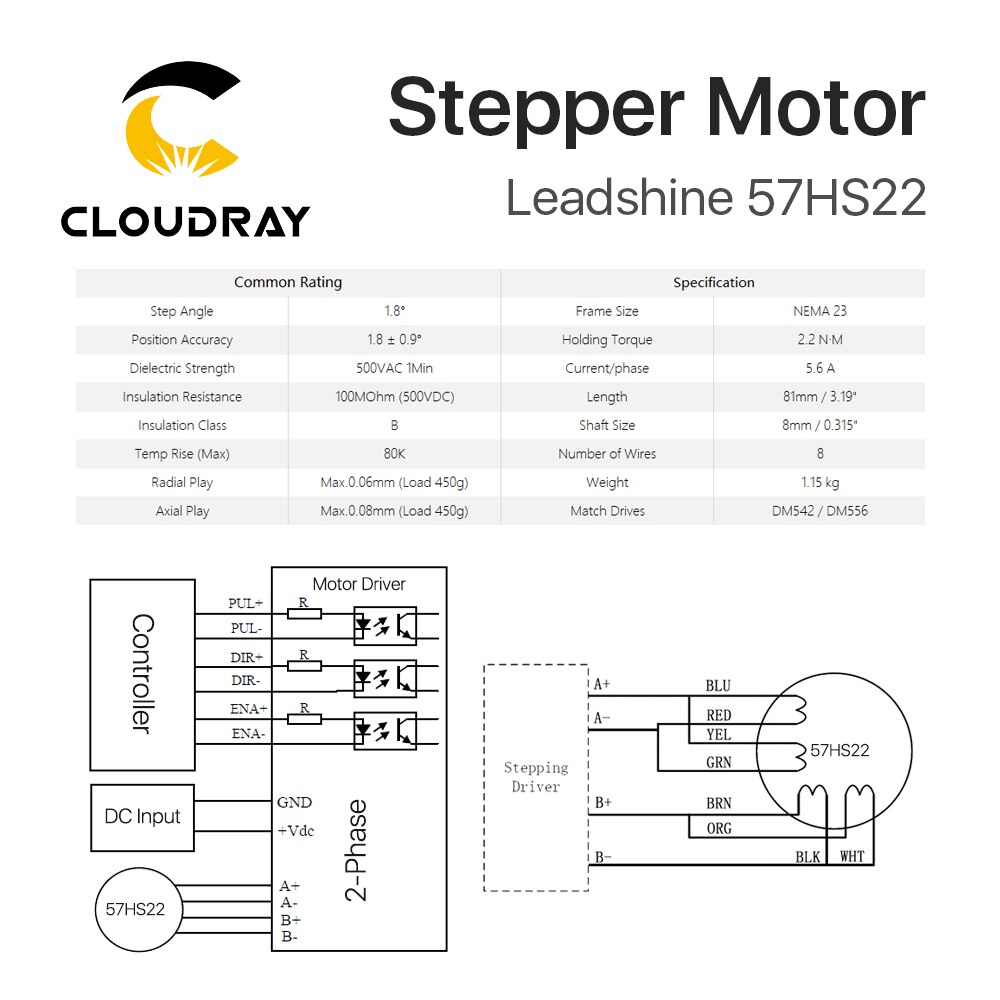 Leadshine-Motor paso a paso Nema 23, 2 fases, 2,2 N.m, 5.6A (57HS22), 8-longitud de plomo, 8m, eje, 8mm, para fresadora de grabado CNC