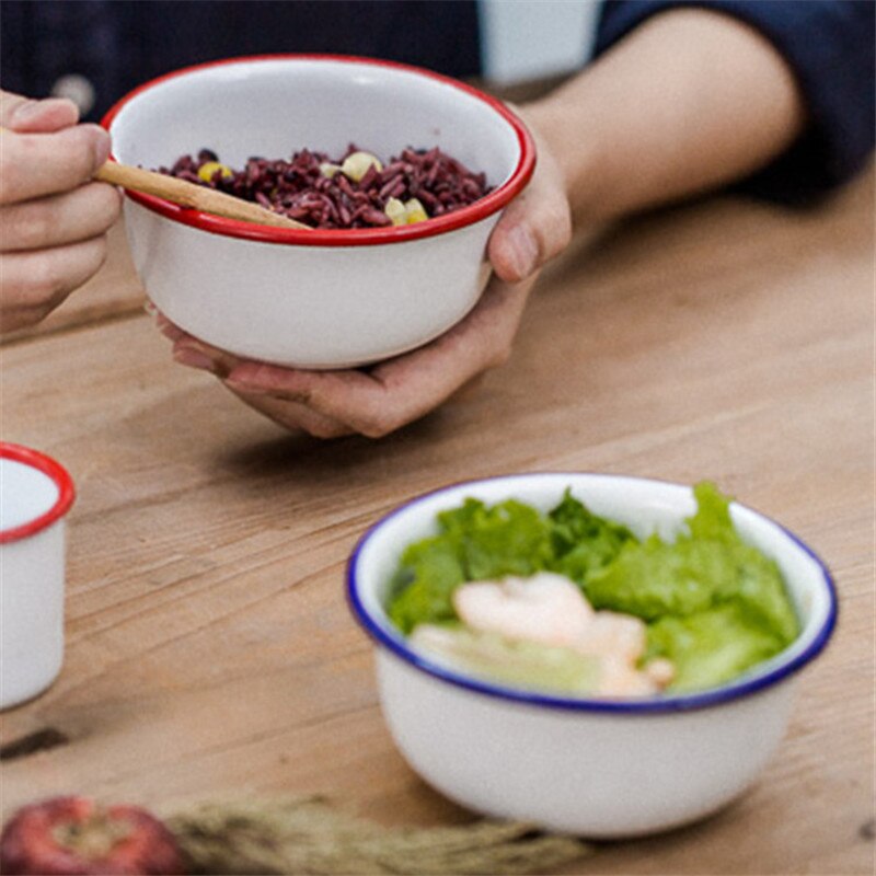 Japanese Ceramic Red and Blue Edge Enamel Bowl Household Large Rice Bowl Soup Noodle Dessert Bowl Kitchen Tableware