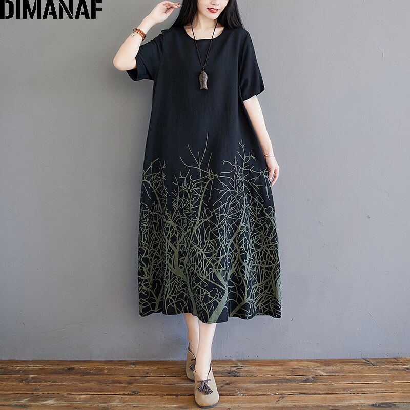 Dimanaf plus size vestido feminino elegante do vintage impressão senhora vestido estilo chinês algodão roupas femininas verão vestido maxi