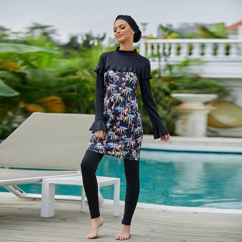 Burkini avec bonnet Hijab pour femmes, 3 pièces, manches longues, à volants, modeste, maillot de bain islamique, col montant, couverture complète, vêtements de plage: M