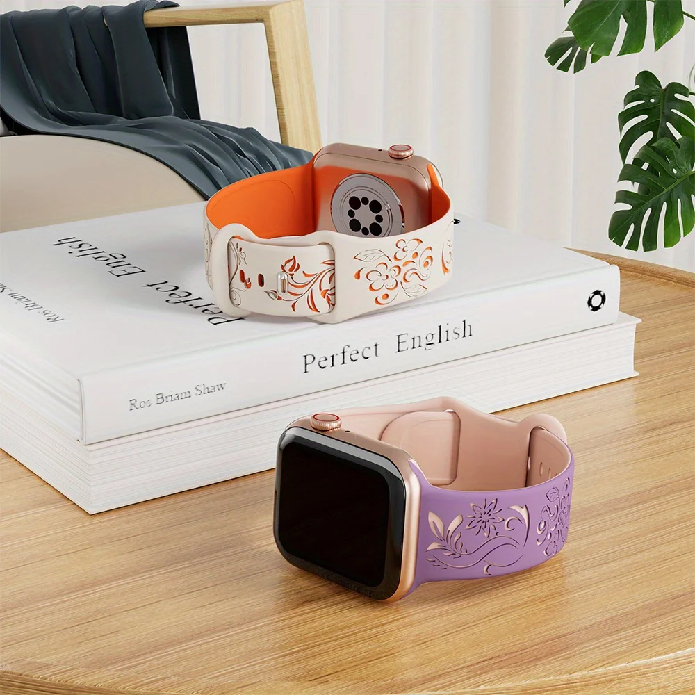 Silicone Floral Engraved Strap For Apple Watch 38/42/46mm 41/44/45mm 49mm Sport Bracelet For iWatch Series 10/9/8/7/6/Ultra Band