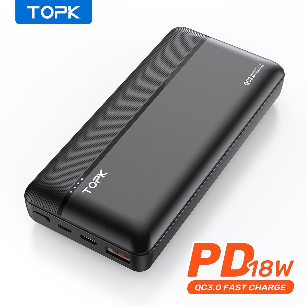 TOPK 18W PD Power Bank 20000mAh Fast Phone Charger LED Portable External Battery PowerBank for iPhone 12 Xiaomi: Black