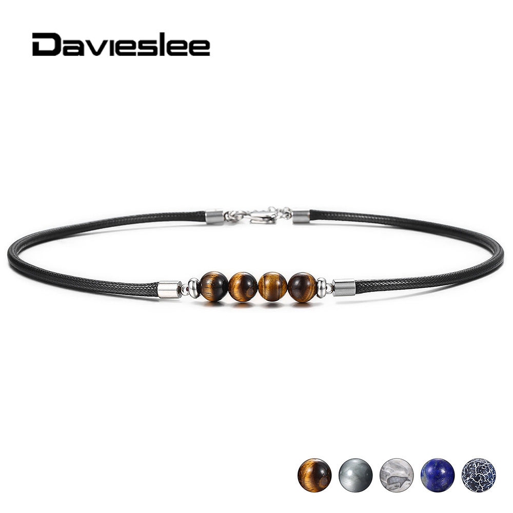 Davieslee 8mm Natürliche Stein Leder Halsband Halskette für Männer Frauen Adler Auge Schmuck Frauen Mens Perlen Halskette 18 zoll LDNM27