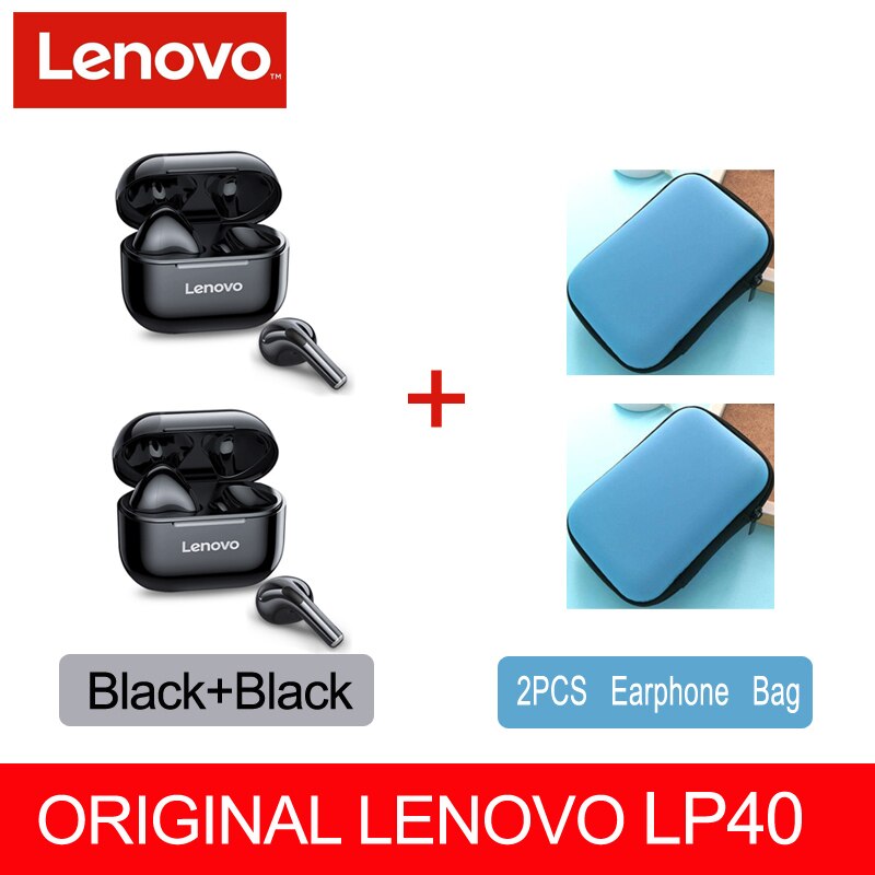 Original Lenovo LP40 TWS auricular Bluetooth inalámbrico verdadero 5,0 estéreo bajo con micrófono de manos libres auriculares AI Control IPX5 impermeable: LP40 2 Black 2 Case