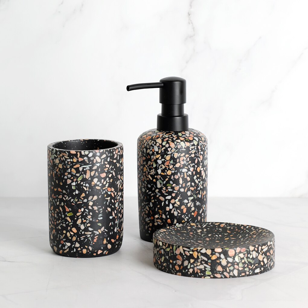 Badeværelsestilbehør sæt sort terrazzo harpiks tandbørsteholder sæbedispenser pumpe flaske tandpasta dispenser sæbeskål