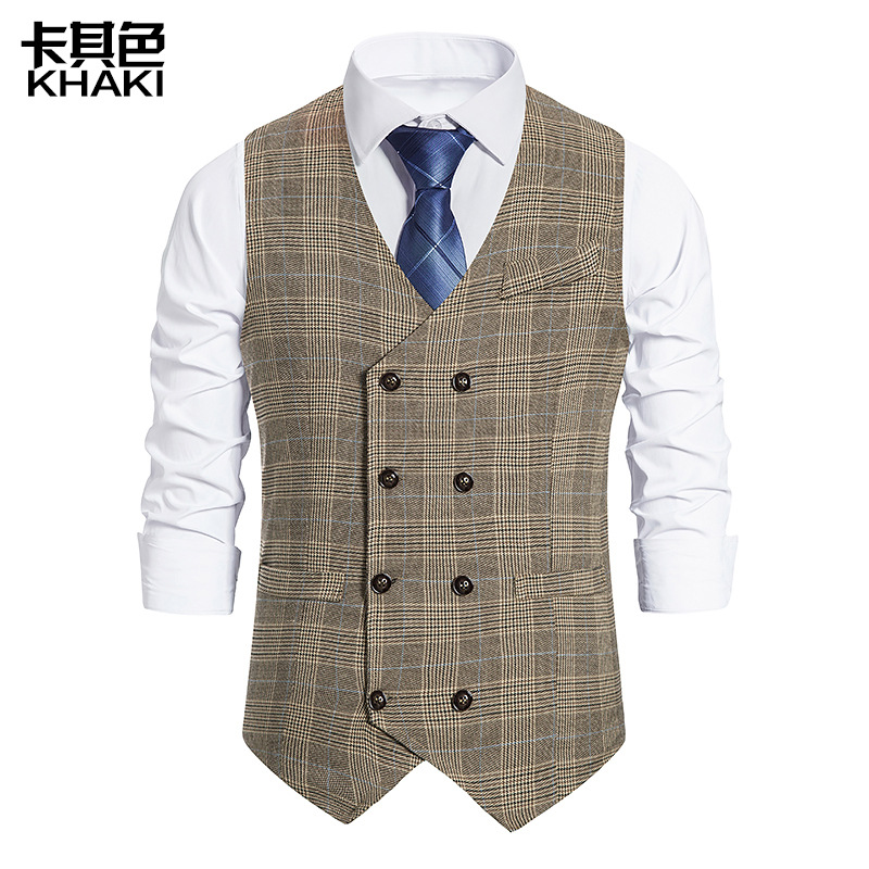 Men's Vests Fall European Code Men's Plaid Double-breasted Vest Suit Retro Waistcoat: Khaki / S