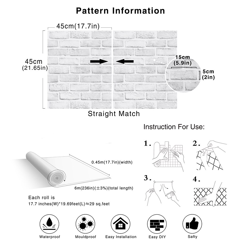 Wokhome-papel tapiz de ladrillo de imitación, vinilo autoadhesivo, papel de Contacto blanco/gris, pegatinas decorativas para pared de baño