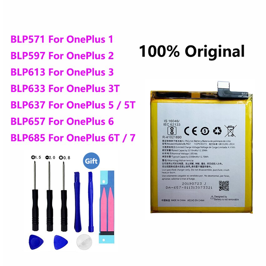 Original Battery For OnePlus 7 6T 6 5 5T 3 3T 2 1 1+ BLP571 BLP597 BLP613 BLP633 BLP637 BLP657 BLP685 Cell Phone Batteries