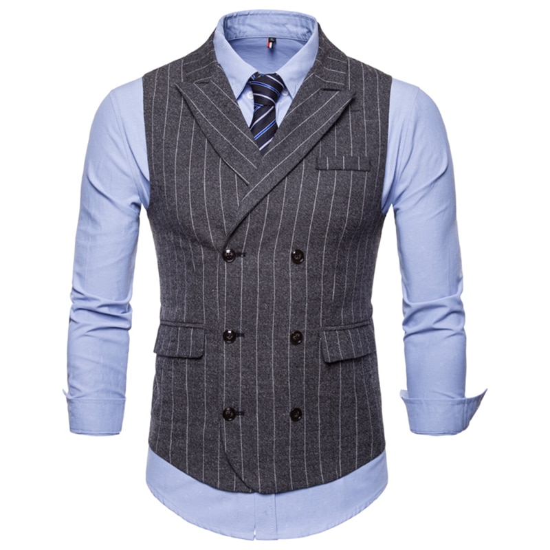 Heren Mouwloos Pak Vest Herfst en Winter Retro Piek-revers Streep Mannelijke Toevallige Double-Breasted Vest