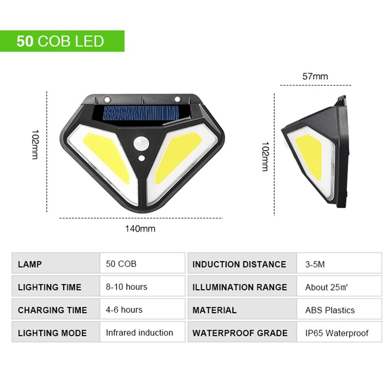 50 cob /102 led's zonne-led wandlamp met tweezijdige verlichting, bewegingssensor,  ip65 buitentuinpaden, straatverlichting 's nachts: 50 kolfjes