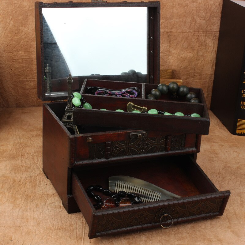 Cofre de madera para el almacenamiento de joyas caja con espejo joyería urna de joyería caja de Manke organizador caso caja de de joyería