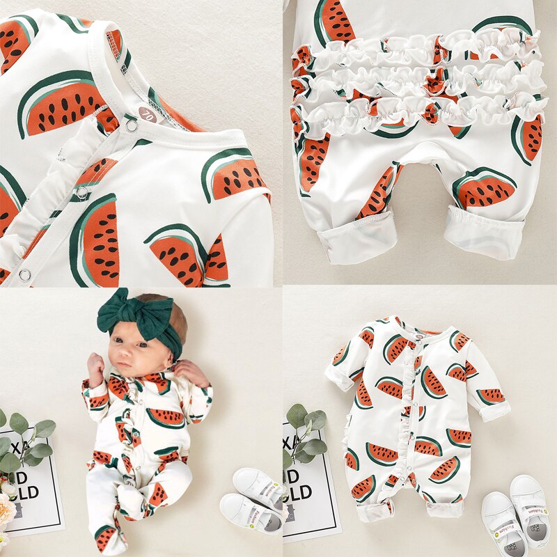 Baby Katoen Lange Mouwen Voet-Gewikkeld Romper Voor Baby Boy Schattige Watermeloen Print Een Stuk Meisje Kleding Pasgeboren jumpsuit