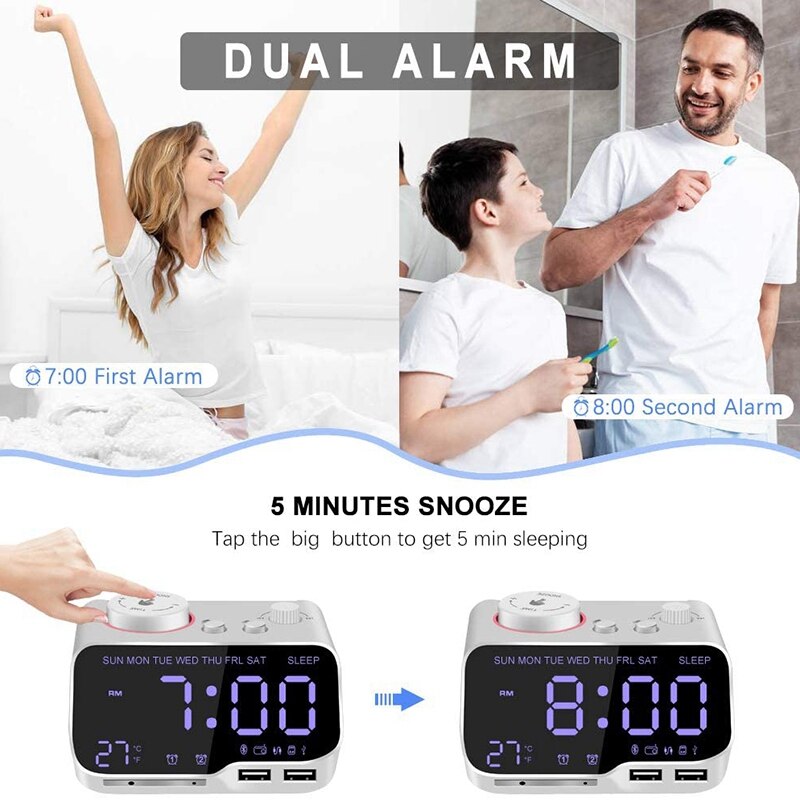 Digital Alarm Clock Radio Bluetooth Speaker,12/24 H,Dimmer,Dual Alarm,Snooze,Thermometer,Sleep Timer White US Plug