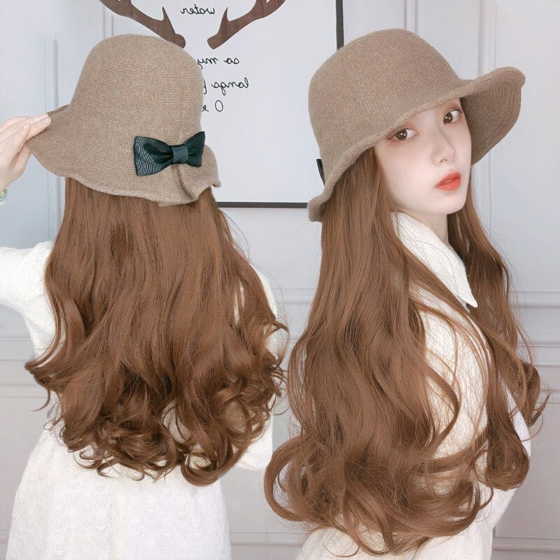 Czapka z peruką jeden kapelusz rybaka długi kędzior duża fala długie proste włosy naturalny czarny brązowy czarny głęboki brąz jasnobrązowy