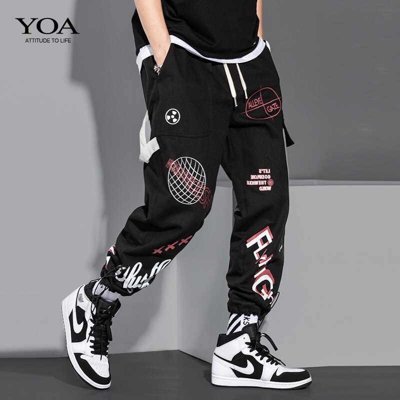 Graffiti Cargo spodnie męskie w pasie spodnie do joggingu mężczyźni list Casual spodnie ze sznurkiem męskie spodnie do biegania Streetwear: XL / Black