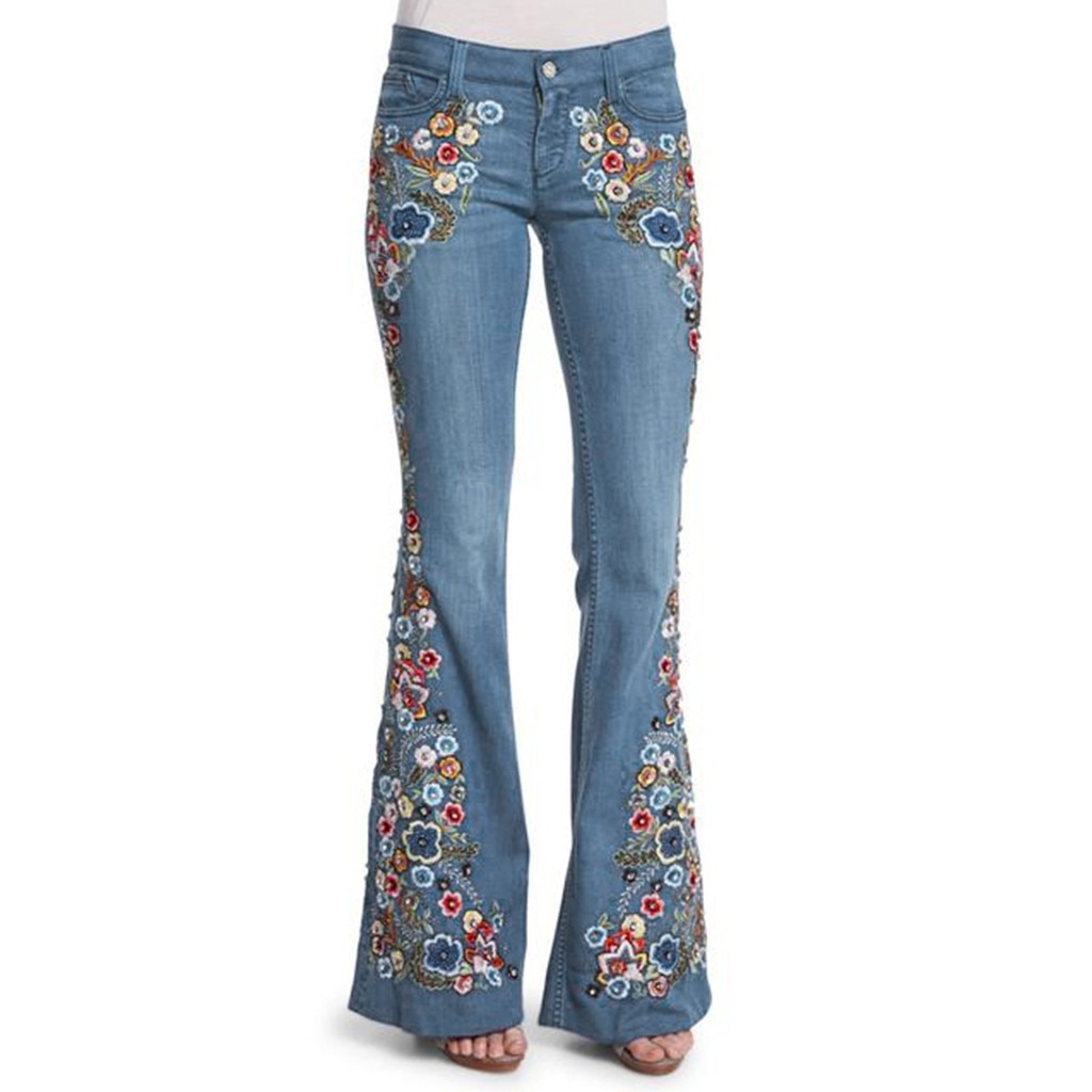 Kvinner broderi blomster ødelagt bluss jeans knapp midje klokke bunn denim bukser høst vinter bukser bukser