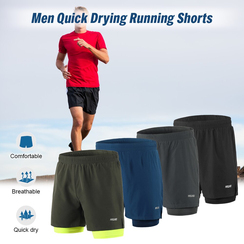 Men's 2-in-1 Running Shorts Quick Drying Sports Shorts Breathable Active Training Jogging Cycling Shorts with Longer Liner