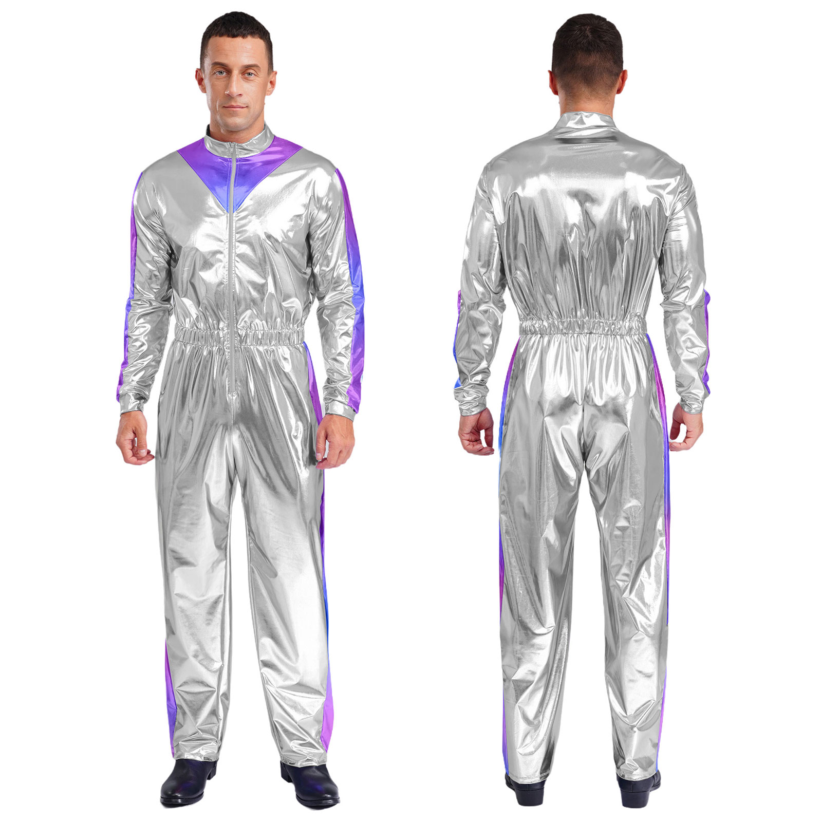 Mens Sparkly Shiny Astronaut Alien Outer Space Cosplay Costume Long Sleeves Unitards Jumpsuit Rave Club Wear Spaceman Outfits: XXL / Brown