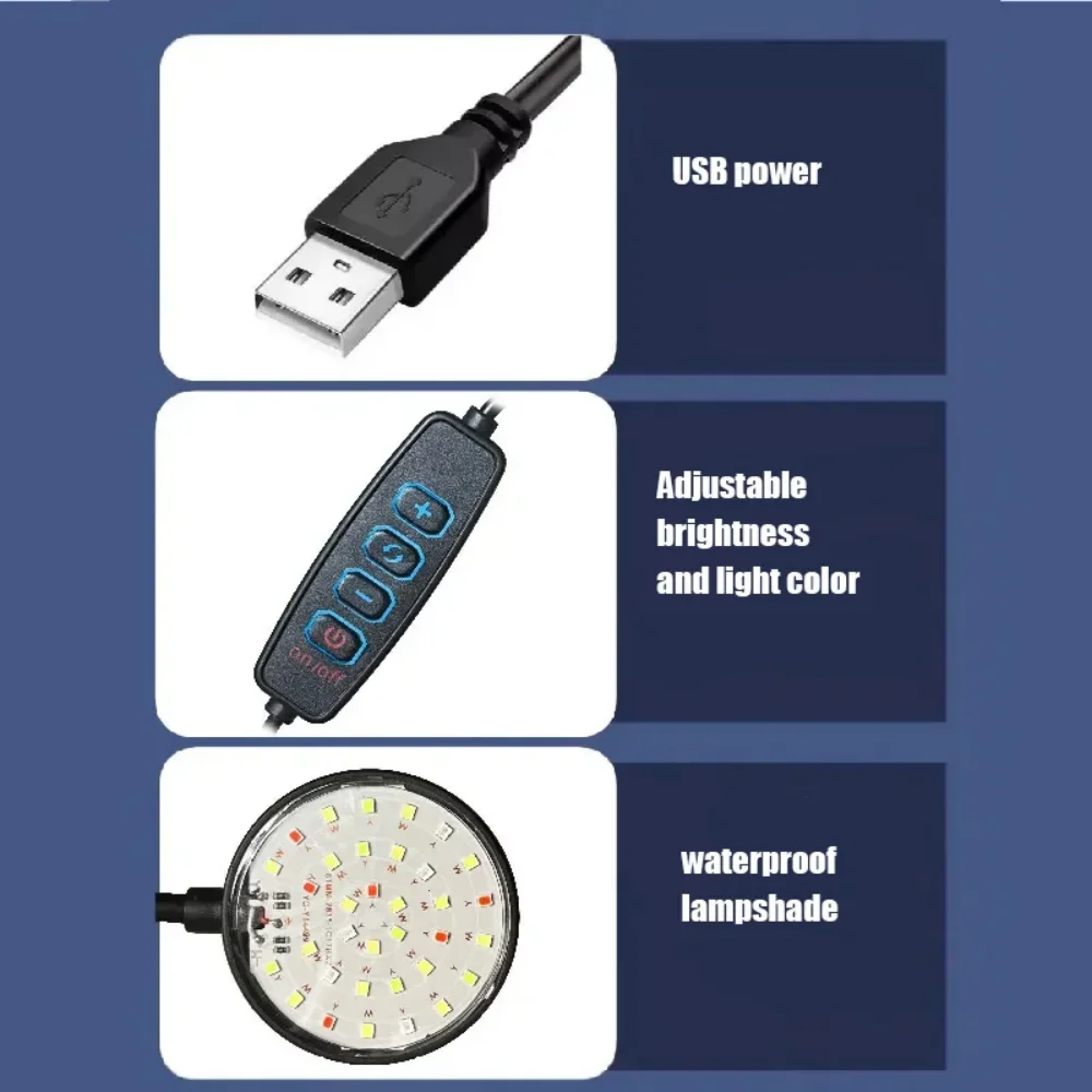 Klemmelampe for fisketank , 5/7w led-lamper, 3 farger, justerbar usb-strømforsyning, fullspektret vanntett lampe for små fisketanker, akvarielys