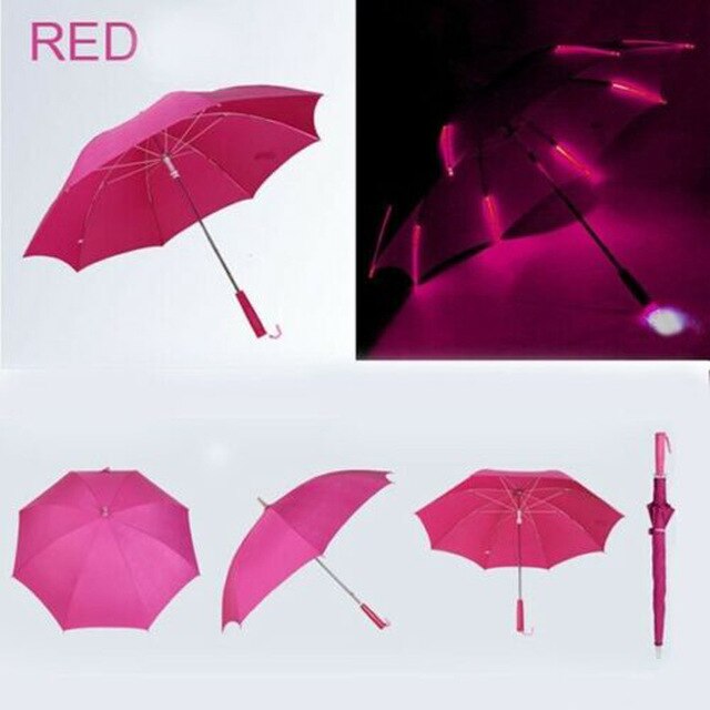 Cool paraply med led-funktioner 8 rib lys gennemsigtig med lommelygte håndtag: Rød
