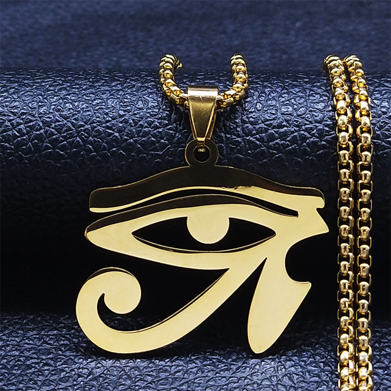 Stainless Steel Egyptian Eyes Chain Necklaces Men Statement Mythology Eye of Ra Horus Symbol Necklace Jewelry bijoux femme N4540: Light Yellow Gold Color