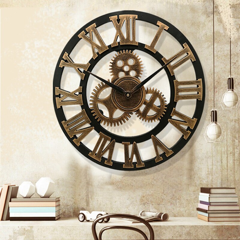 Getriebe retro Wanduhr Große 3D Römische Ziffer Geräuschlos nordisch Riesen Holz Jahrgang Uhren Horloge Wohnzimmer Bar Wohnkultur kunst