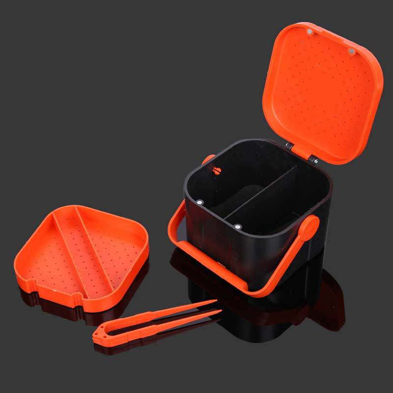 Caja de cebo vivo multifuncional, 1 pieza, 2 compartimentos, señuelo de gusano rojo, caja de plástico, Mosca, lubina, Tilapia, aparejos de pesca de carpa,: With handle