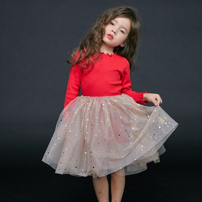 Winter Autumn Girls Dress Long Sleeve Flare Sleeve Solid Black Red Dress Star Shiny Dress For Girls Baby Clohting: red / 10T (150cm)