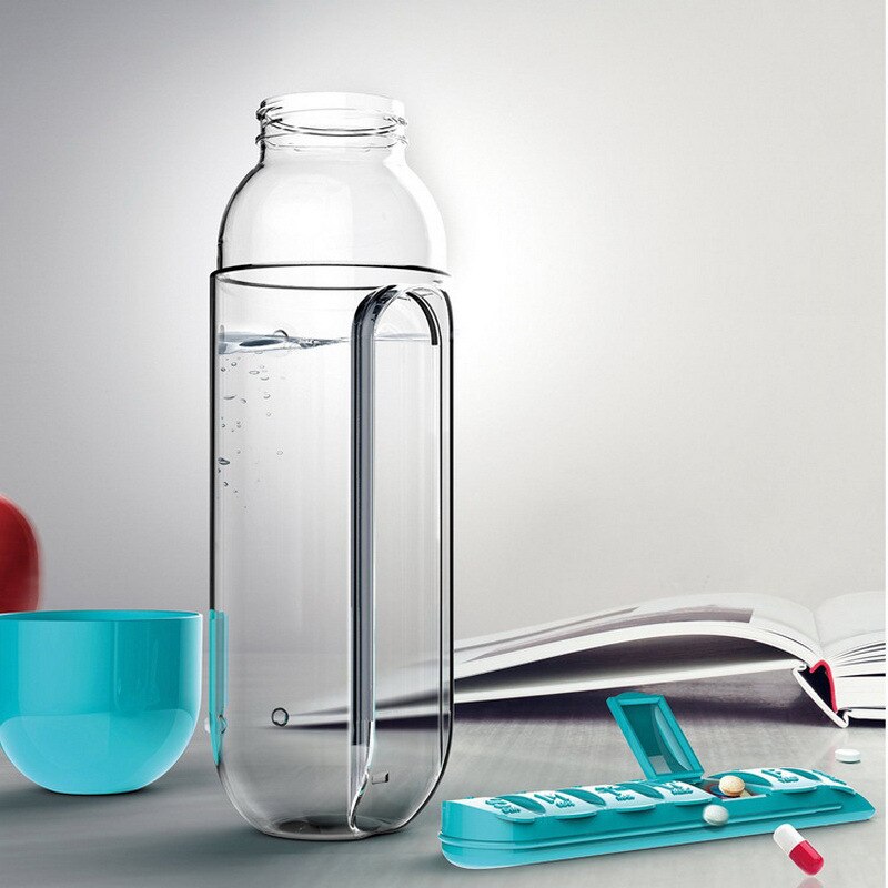 600Ml Plastic Pillendoosje Water Fles 2 In 1 Geneeskunde Organizer Drink Fles Lekvrije Shaker Outdoor Draagbare reizen Cup Mok