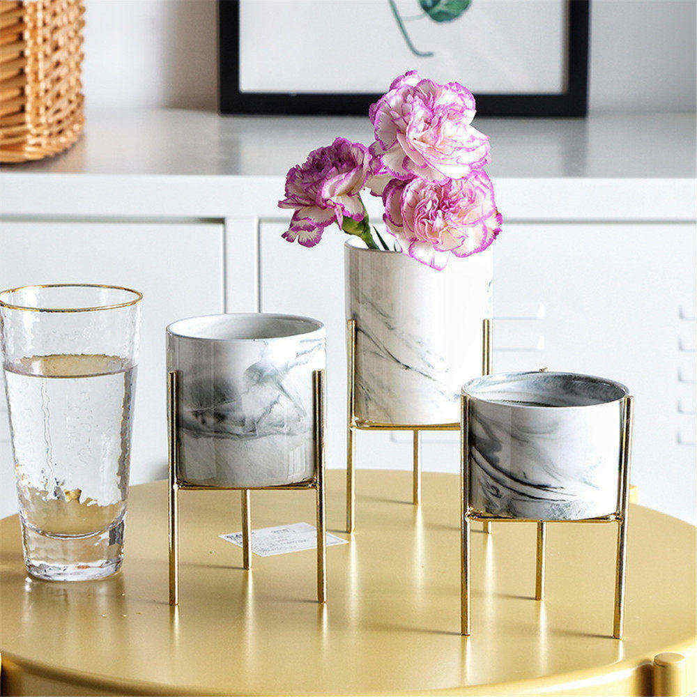 Scandinavische voorraadpotten met goud, zwart, wit, chique frame, marmerpatroon, potloodhouder, keramische bloemenmachine, bloemenvaas, voorraadpot