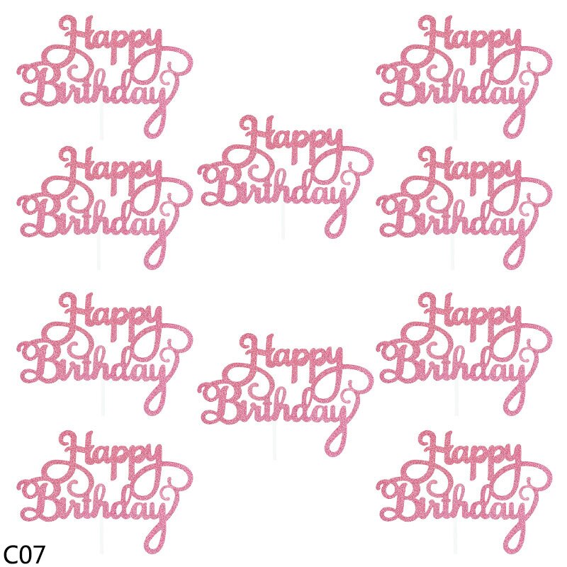 10pc Bling Glitter Happy Birthday Cake Topper For Baby Shower Kids Birthday Party Cake Baking Dessert Decor Supplies Cake Insert: C07 dark pink