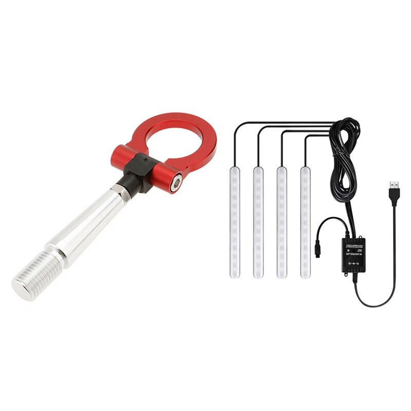 1pcs Foldable Car Racing Trailer Ring Tow Hook & 4pcs Car RGB LED Strip Lights APP Controlled, Waterproof with 48 LEDs