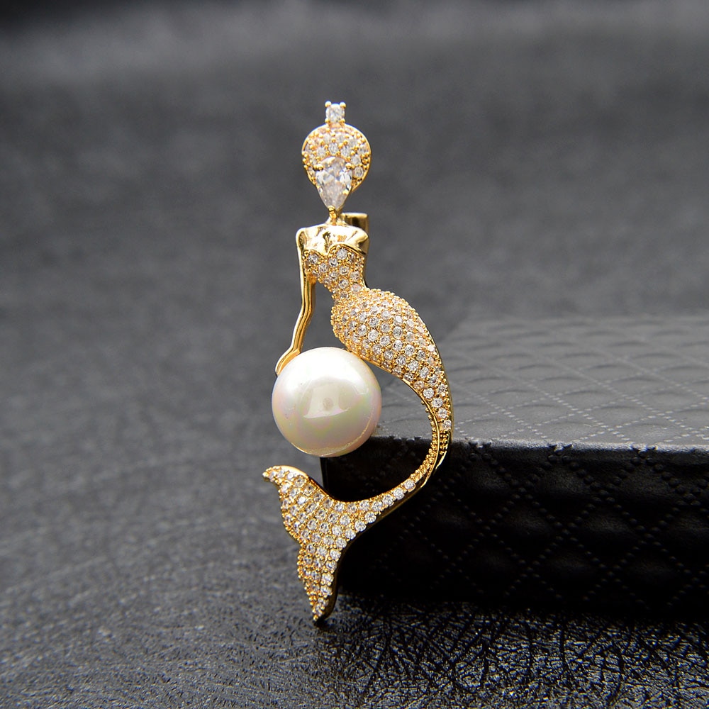CINDY XIANG Cubic Zirconia Mermaid Brooches For Women Pearl Brooch Pin Copper Jewelry 3 Colors Choose: goldwhite