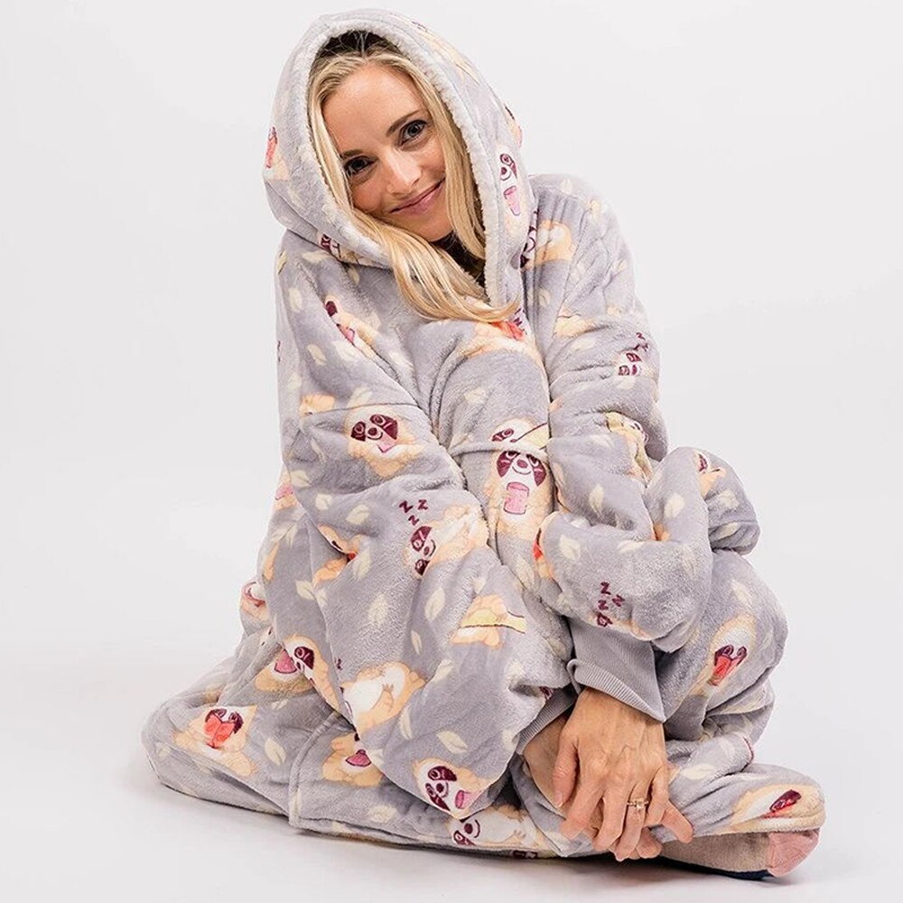 Fleece filtar huva med ärmar bärbar sherpa filtar överdimensionerad tröja vinter varm huva filt tecknad mjuka rockar